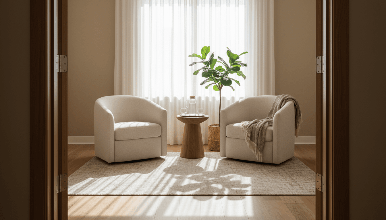 Calm therapy room with comfortable seating and natural light