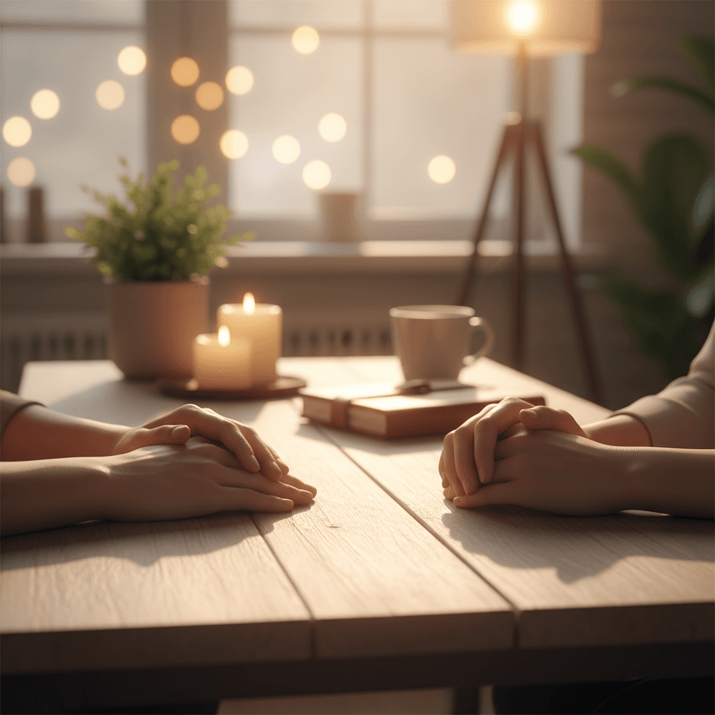Two hands resting on wooden table during therapy session, showing professional supportive connection