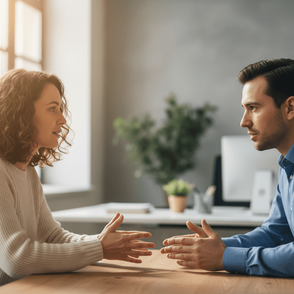 Two people in professional conversation with attentive body language