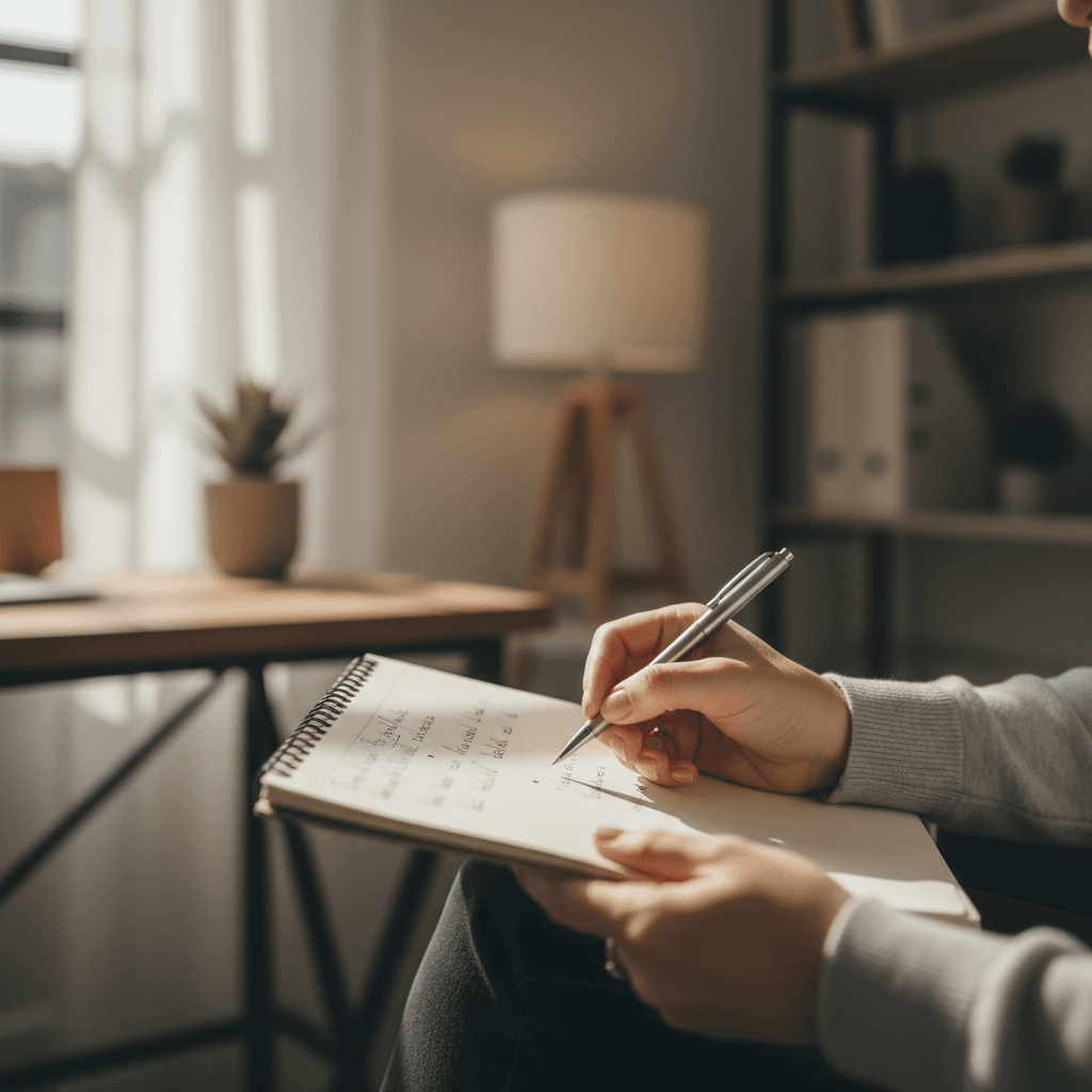 Therapist taking notes during a confidential session