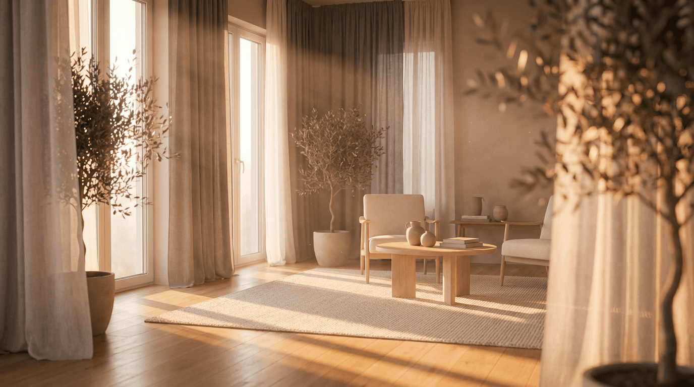 Serene minimalist room with golden sunlight streaming through windows, soft bokeh, peaceful and calming atmosphere.